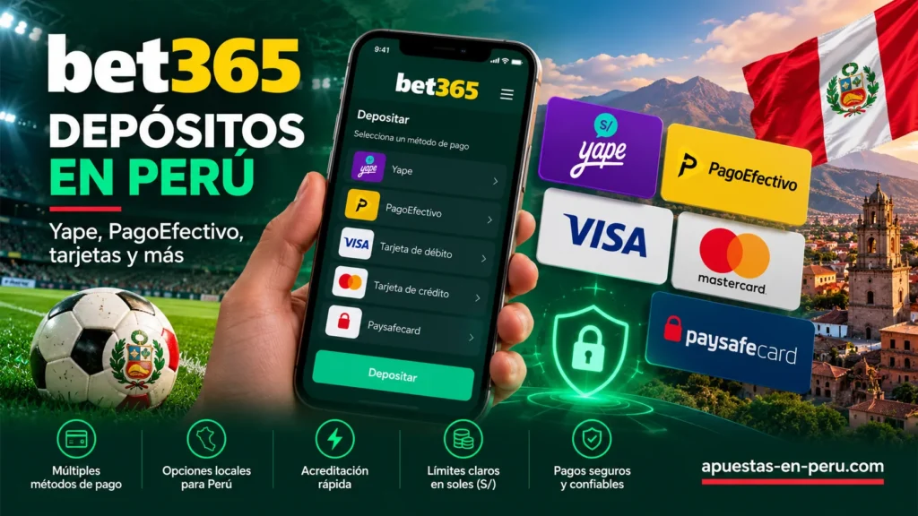 Métodos de depósito en Bet365 Perú – Yape, PagoEfectivo, tarjetas Visa y Mastercard, Paysafecard y pagos digitales en soles peruanos