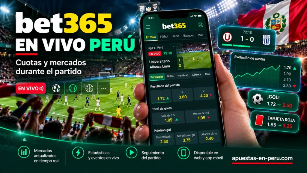 Bet365 en vivo Perú – apuestas durante el partido, cuotas en tiempo real, estadísticas deportivas y seguimiento del fútbol peruano