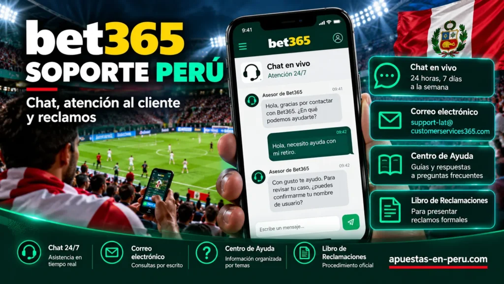 Soporte Bet365 Perú – atención al cliente mediante chat en vivo 24/7, correo electrónico, Centro de Ayuda y Libro de Reclamaciones