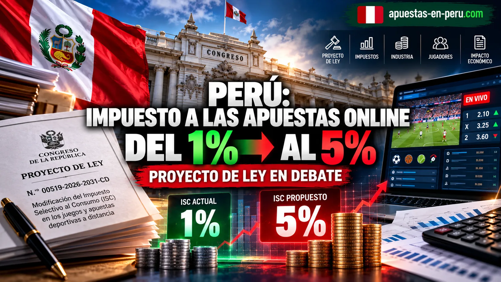 Proyecto de ley en Perú para aumentar el impuesto ISC a las apuestas online del 1% al 5%, con el Congreso peruano y el impacto económico de la propuesta